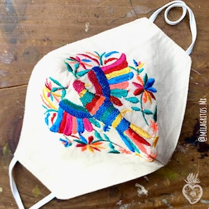 Embroidered face mask, handmade floral design mask with embroidered birds, Mexican art design, reusable mask.