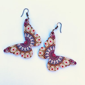 Butterfly wood earrings, mandala pattern decoration, psychedelic colors,  summer colorful earrings, unique gift idea for girl or woman