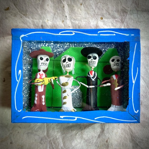 Day of dead mexican niche: wedding. Altar decoration, skull puppet scene, Mexican day of the dead ornament, Mexican shadow box