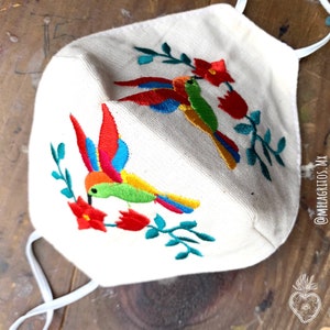 Embroidered face mask, handmade floral design mask with embroidered birds, Mexican art design, reusable mask.