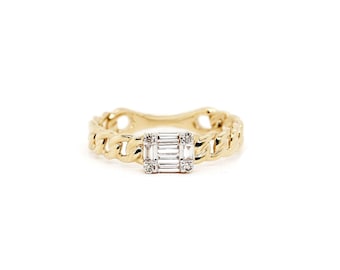 14k Solid YELLOW GOLD Baguette Diamonds Cuban Link Ring .19ct total wt. Link Band Size able Emerald Cut Shape Jewelry In Stock Ships Free