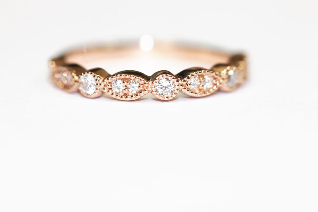 14K Rose Gold Diamond Art Deco Band: Milligrain Detail Stacking Ring - Etsy
