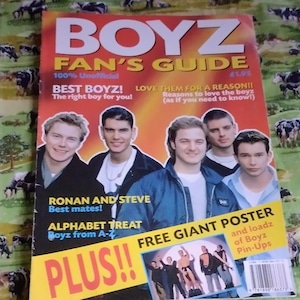 May include: A magazine cover for "BOYZ FAN'S GUIDE" featuring a boy band. The cover is predominantly red and yellow, with the title in large letters. Text includes "BEST BOYZ!" and "FREE GIANT POSTER". The magazine has images of the band.
