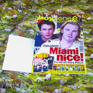 May include: A copy of Boyzone magazine with the headline "Miami nice!" featuring two men on the cover. The magazine includes the text "Exclusive!" and "Free! Giant Posters!" on a background of a green and white sheep pattern.