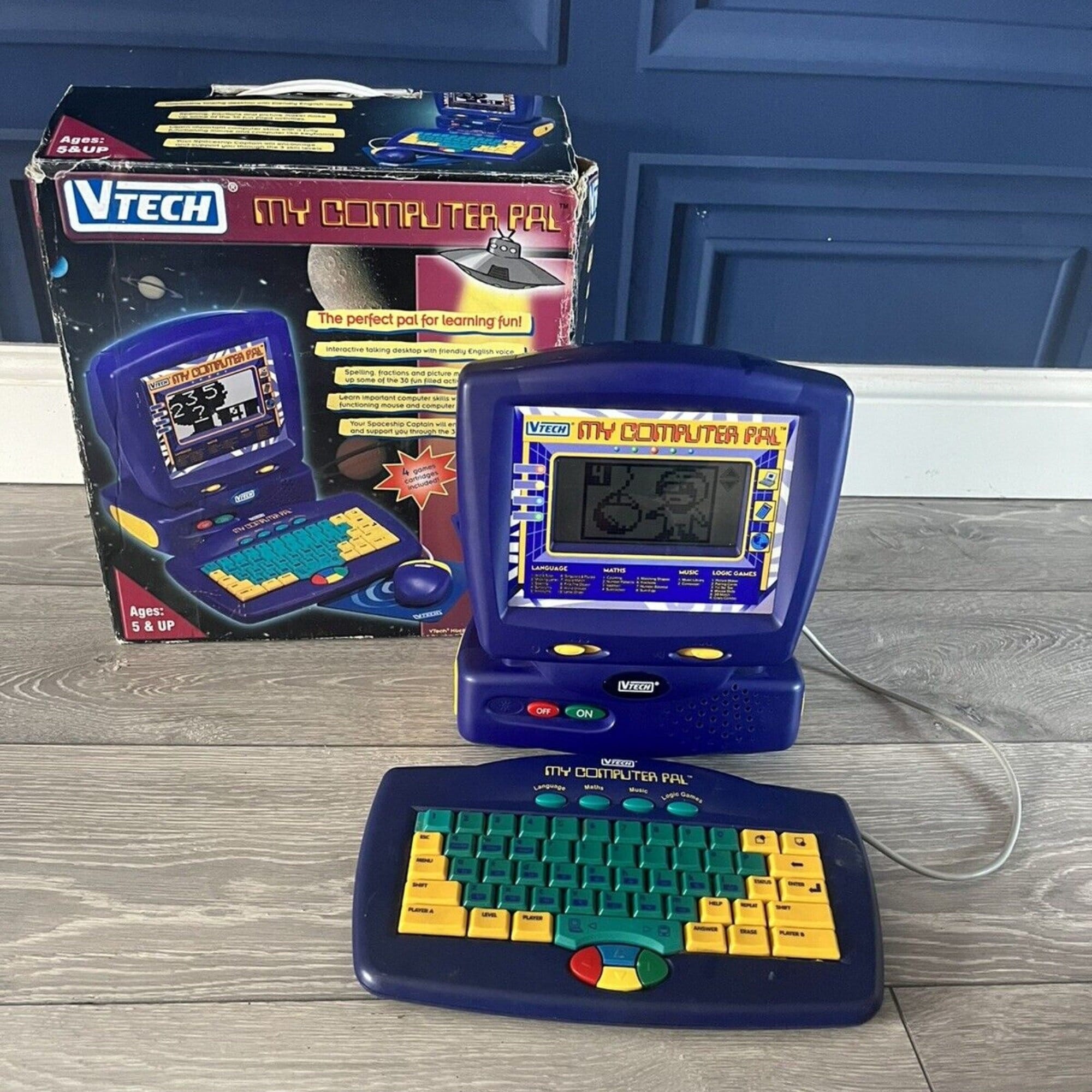 Seltenes Vtech My Computer Pal mit Keyboard Lernspielzeug Drei  Patronenspiele Original Box sammelbar Vintage Space Thema Retro