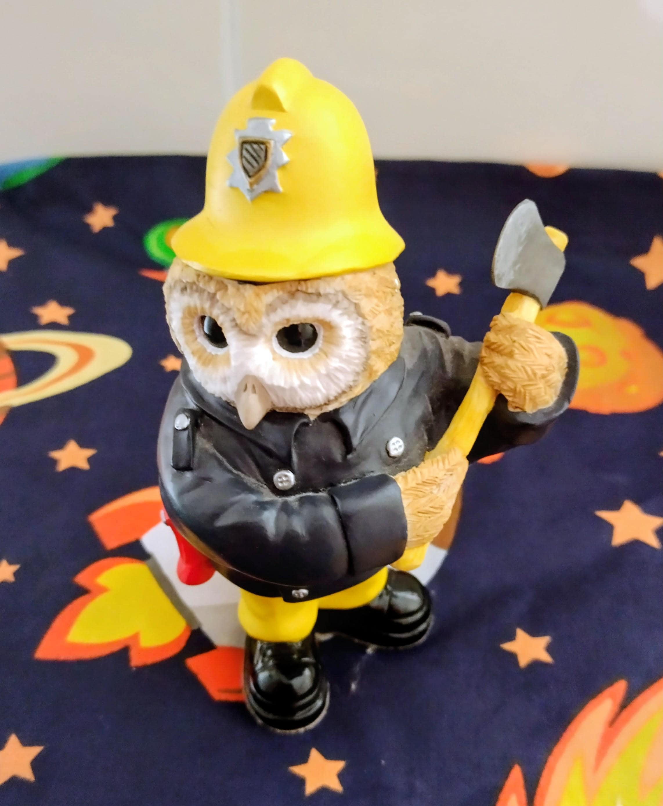 The Leonardo Collection Barn Owl Fireman Figurine Firefighter Vintage Collectable Detailed Holding A