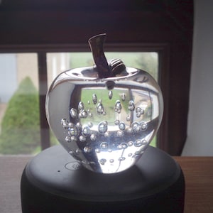 Clear Glass Apple With Stalk And Leaf Paperweight Art Glass Fruit Collectable Vintage Beautiful Stunning Eye Catching Bubble Effect Inside