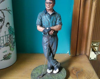 Vintage Sculpture 1987 Michael Garman Golfing Man Resin on Wooden