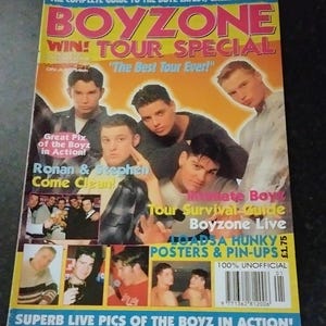 May include: A Boyzone magazine cover with a yellow, red, and blue design. The cover features images of the band members and text that reads "Boyzone Tour Special" and "Loads a Hunky Posters & Pin-Ups". The price is £1.75.