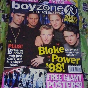 May include: A magazine cover for Boyzone, featuring the band members. The cover displays the text "boyzone magazine", "Bloke Power '98!", and "Free Giant Posters!". The magazine is marked as Issue 33, with a price of £2.50.