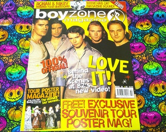 May include: A Boyzone magazine cover featuring five men, with the text "LOVE IT!" in yellow. The cover also includes the text "100% OFFICIAL!" and "FREE! EXCLUSIVE SOUVENIR TOUR POSTER MAG!" The magazine is set against a colorful pumpkin-themed background.