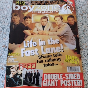 May include: A magazine cover for Boyzone, featuring the band and the headline "Life in the Fast Lane!". The cover includes text such as "Shane tells his rallying tales..." and "Double-sided giant poster!" with a price of £2.75.