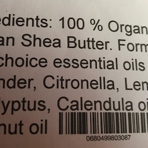 Peut inclure: Liste des ingr&eacute;dients d'un produit 100% biologique au beurre de karit&eacute; africain. Il est formul&eacute; avec des huiles essentielles telles que la lavande, la citronnelle, l'huile de citron, l'eucalyptus, l'huile de calendula et l'huile de noix de coco. Le produit a un code-barres avec le num&eacute;ro 0680499803087.