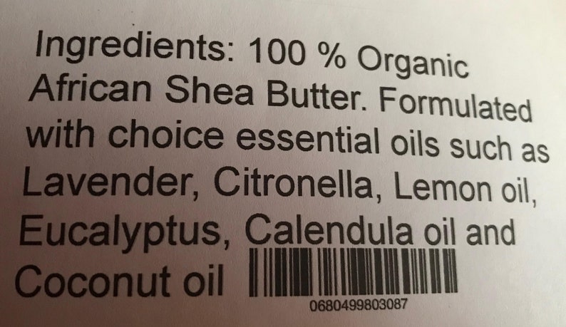 Peut inclure: Liste des ingr&eacute;dients d'un produit 100% biologique au beurre de karit&eacute; africain. Il est formul&eacute; avec des huiles essentielles telles que la lavande, la citronnelle, l'huile de citron, l'eucalyptus, l'huile de calendula et l'huile de noix de coco. Le produit a un code-barres avec le num&eacute;ro 0680499803087.