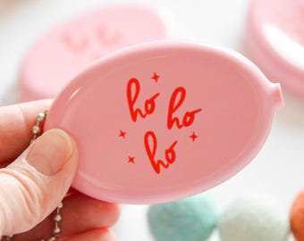 Retro Rubber Coin Pouch Keychain - Pink "Ho Ho Ho" Holiday Accessory