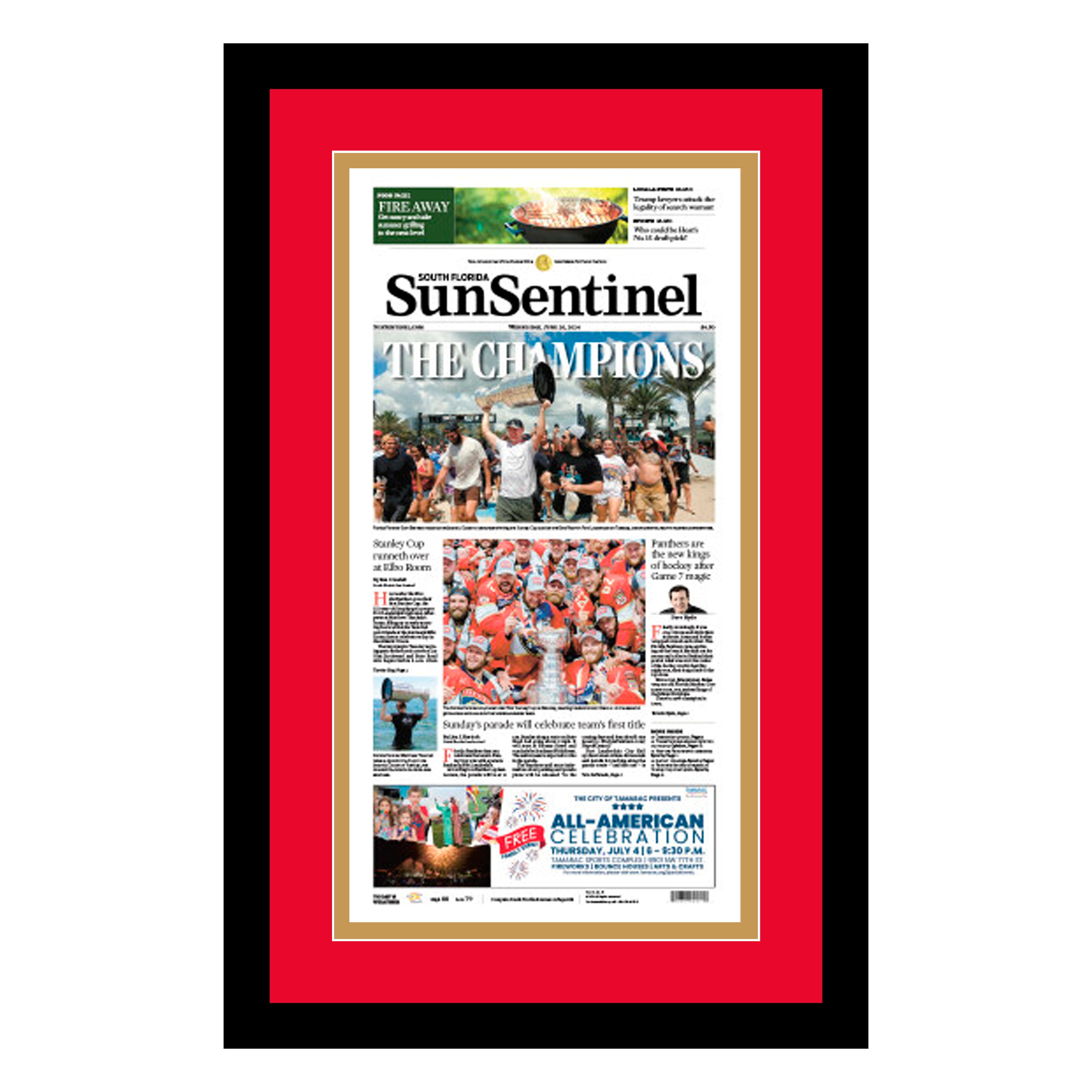 Framed Newspaper Cover - 2024 Florida Sentinel Panthers NHL Championship