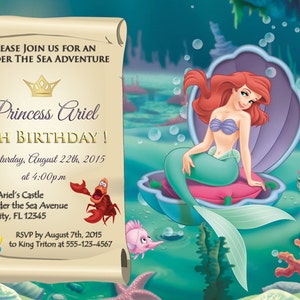 Little Mermaid  Ariel Invitation - Little Mermaid Party Invites - 5x7 or 4x6 Custom Personalized Digital File Princess Ariel
