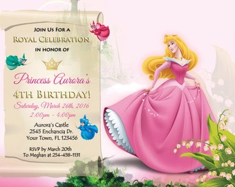 May include: A pink and gold birthday invitation featuring a princess in a pink gown with a crown. The invitation is for Princess Aurora's 4th birthday party. The party is on Saturday, March 26th, 2016 from 2:00pm to 4:00pm at Aurora's Castle. The address is 2545 Enchancia Dr., Your Town, FL 123456. RSVP by March 20th to Meghan at 254-458-1131.