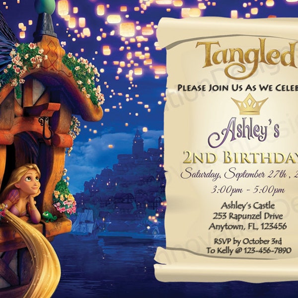 Rapunzel Invitation - Tangled Party Invites - 5x7 or 4x6 Custom Personalized Digital File Princess Rapunzel