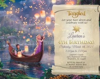 Puede incluir: Una invitación de cumpleaños con temática de Enredados con un diseño de rollo morado y dorado. La invitación presenta una imagen de Rapunzel y Flynn Rider en un bote con linternas flotando en el aire. El texto dice "Enredados, ¡Deja que tu cabello se suelte y celebra con nosotros! ¡El 4to cumpleaños de Lauren! Sábado, 4 de marzo de 2023, de 1:00 pm a 3:00 pm, Castillo de Lauren, 3463 Rapunzel Drive, Anytown, FL 123456, RSVP antes del 1 de marzo a Mother Knows Best al 717-679-2454."