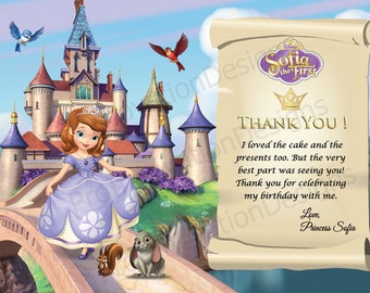 Tarjeta de agradecimiento de Sofia the First para fiesta de cumpleaños (archivo digital)