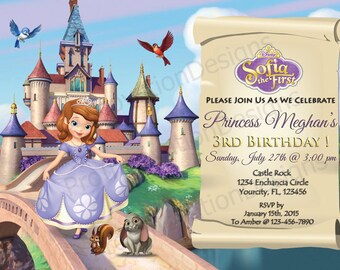 Invitación de Princesa Sofía de Disney. Invitaciones para fiesta de Princesa Sofía. Invitación imprimible de cumpleaños en formato digital de 5 x 7 y 4 x 6