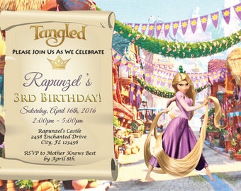 Invitación de cumpleaños de Rapunzel, fiesta de Enredados, diseño personalizado (archivo digital)