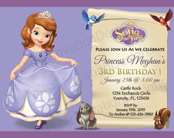 Invitación de Princesa Sofía de Disney. Invitaciones para fiesta de Princesa Sofía. Archivo digital imprimible de cumpleaños de 5 x 7 y 4 x 6