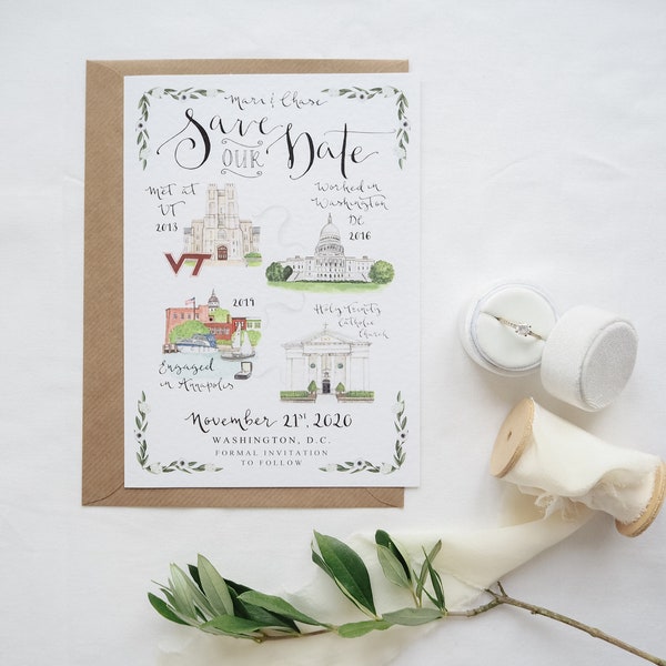 Save the Date Illustrated Story Invitaciones de boda // Historia de parejas Guardar las fechas