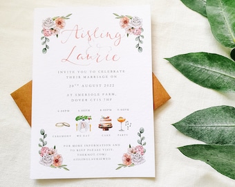 Floral wedding invitation with illustrated timeline design // Personalized timeline wedding invites