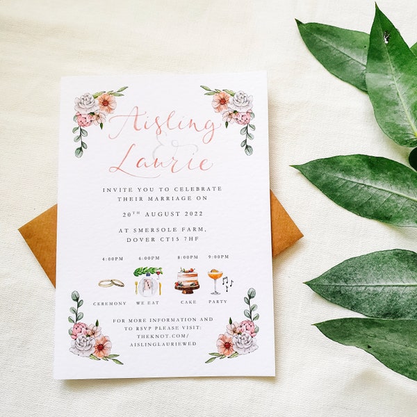 Invitación de boda floral con diseño de línea de tiempo ilustrado // Invitaciones de boda de línea de tiempo personalizadas