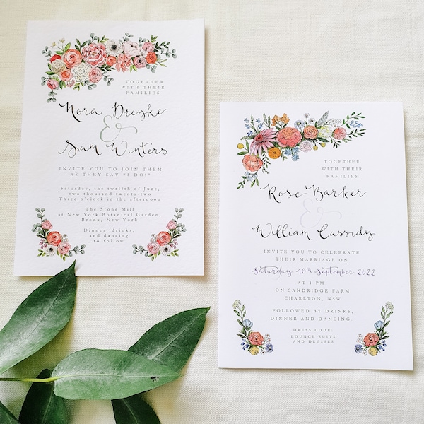 Diseño de invitación de boda de ramo floral // Invitaciones de boda de ramo floral personalizado