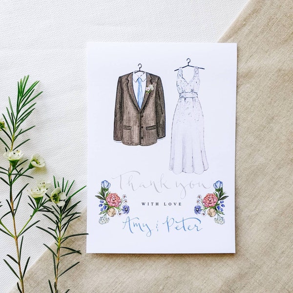 Tarjeta de agradecimiento de boda ilustrada personalizada // Tarjeta de boda ilustrada de novia y novio