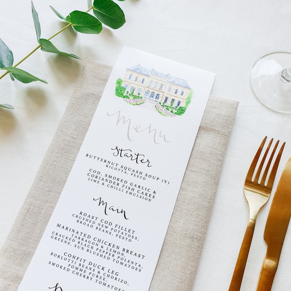 Menú de lugar de boda ilustrado personalizado // Plantilla de menú de boda personalizada