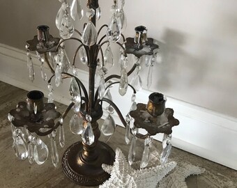 Antique Crystal Girandole, Candleabra, Table Chandelier