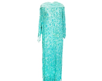 60's/70's Luxe Le Mieux 100% Silk Fully Embellished Turquoise Midi Dress