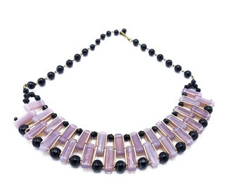 Art Deco Antique Black Glass and Light Purple Quartz Bib Necklace, Signed designer piece - made in New York