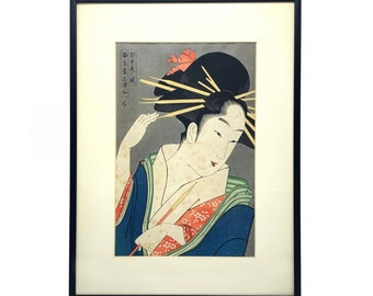 Vintage Chokosai Eisho Framed Woodblock "The Courtesan Shizuka" Print