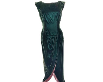 80's Bergdorf Goodman Emerald Green Drop Waist, Plunging Back Maxi Velvet Gown