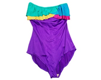 90's Purple Ruffled Strapless One-Piece Swimsuit