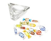 Vintage mid century 14 piece set of hand blown Murano art glass wrapped candy in a stunning angular crystal bowl