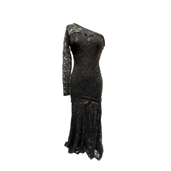 black dress with white accent One-Shoulder Fitted Dress with White Accents - Black main image 0