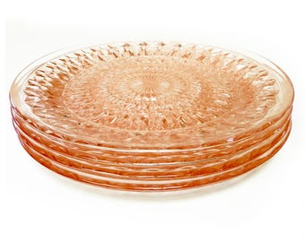 1940er Jahre Jeannette Glass “Holiday” (Buttons and Bows) Essteller (4 Stück) in Rosa