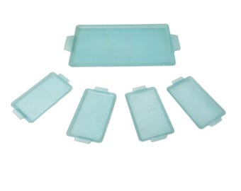 Rare 1940's Mid Century Welcome Ware Light Blue Textured, Scalloped Serving Tray Set - 5 Pieces