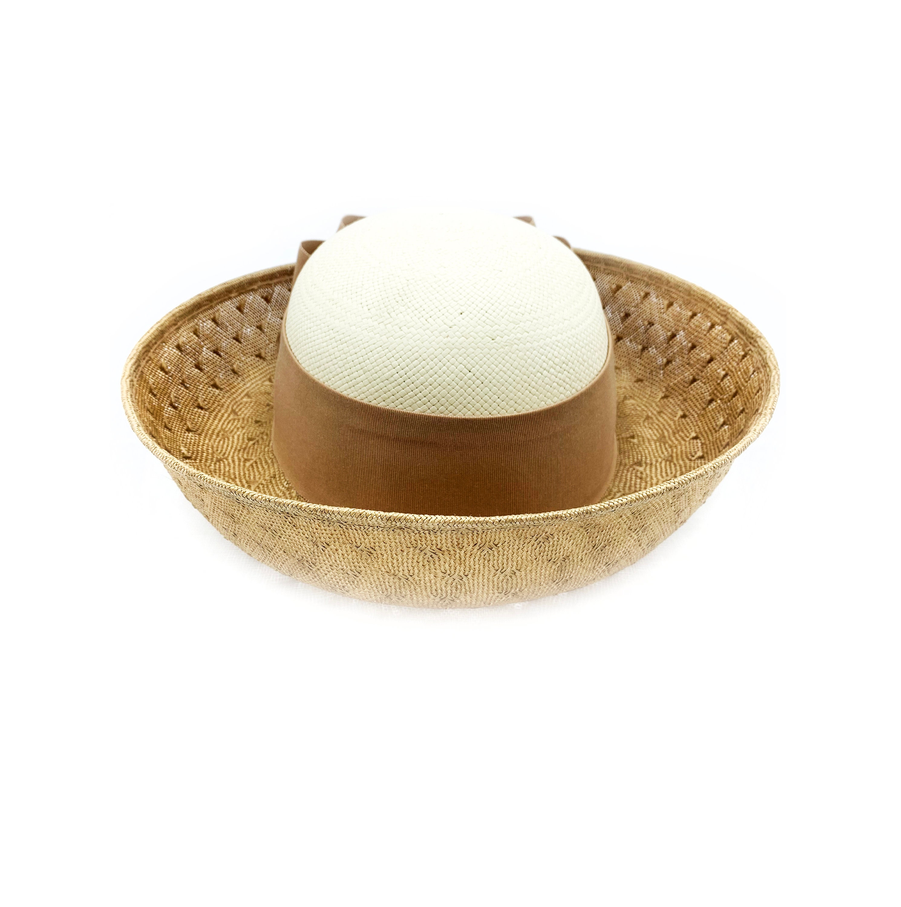 Vintage Breton Sonni Deep Brim Straw Ivory & Taupe Derby Hat With Box Wide Brim Sinamay Derby Hat: Ivory, Taupe, and Gold Feather  main image 3