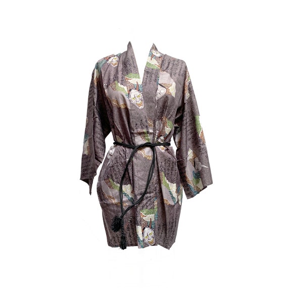 1970's Japanese Demon Mask Grey Kimono Robe - image 1