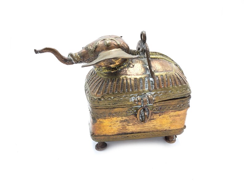 Mid-Century Vintage Dhokra Solid Copper Metal Ornate Elephant Shaped Trinket Box