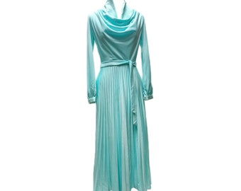 Mid-Century 1960's Claralura Original Long Sleeve Full Length Pleated Light Blue Dress