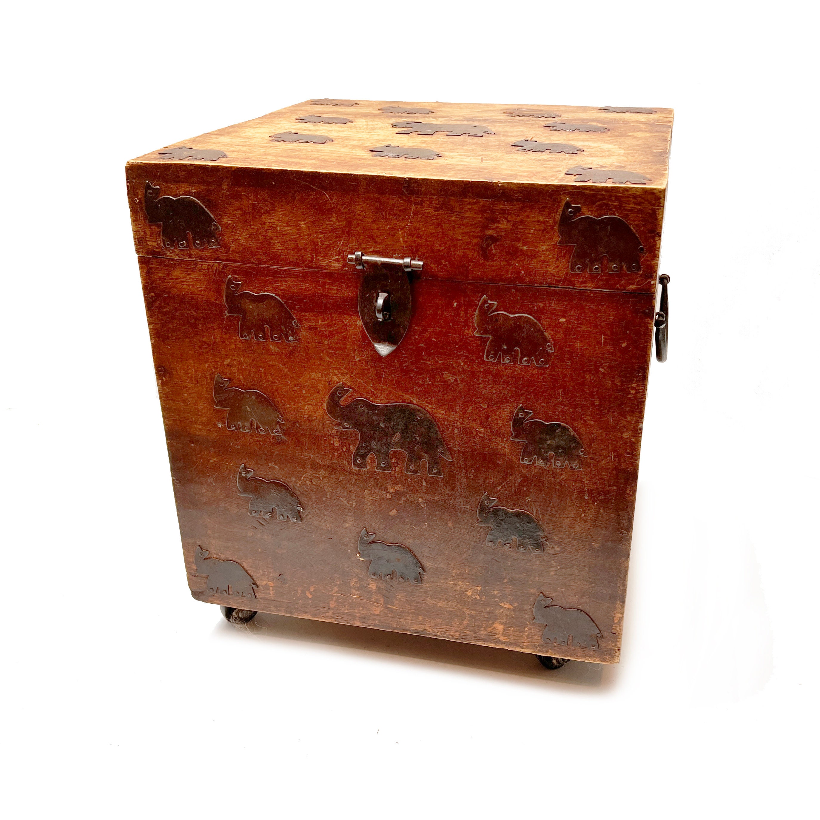 Vintage Wooden Storage Box on Wheels With Metal Elephant