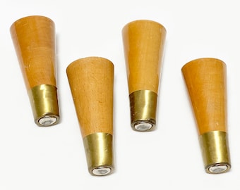 Authentic Mid Century Modern Long Tapered Wooden Table Legs With Brass Met Tips - 4 Pieces